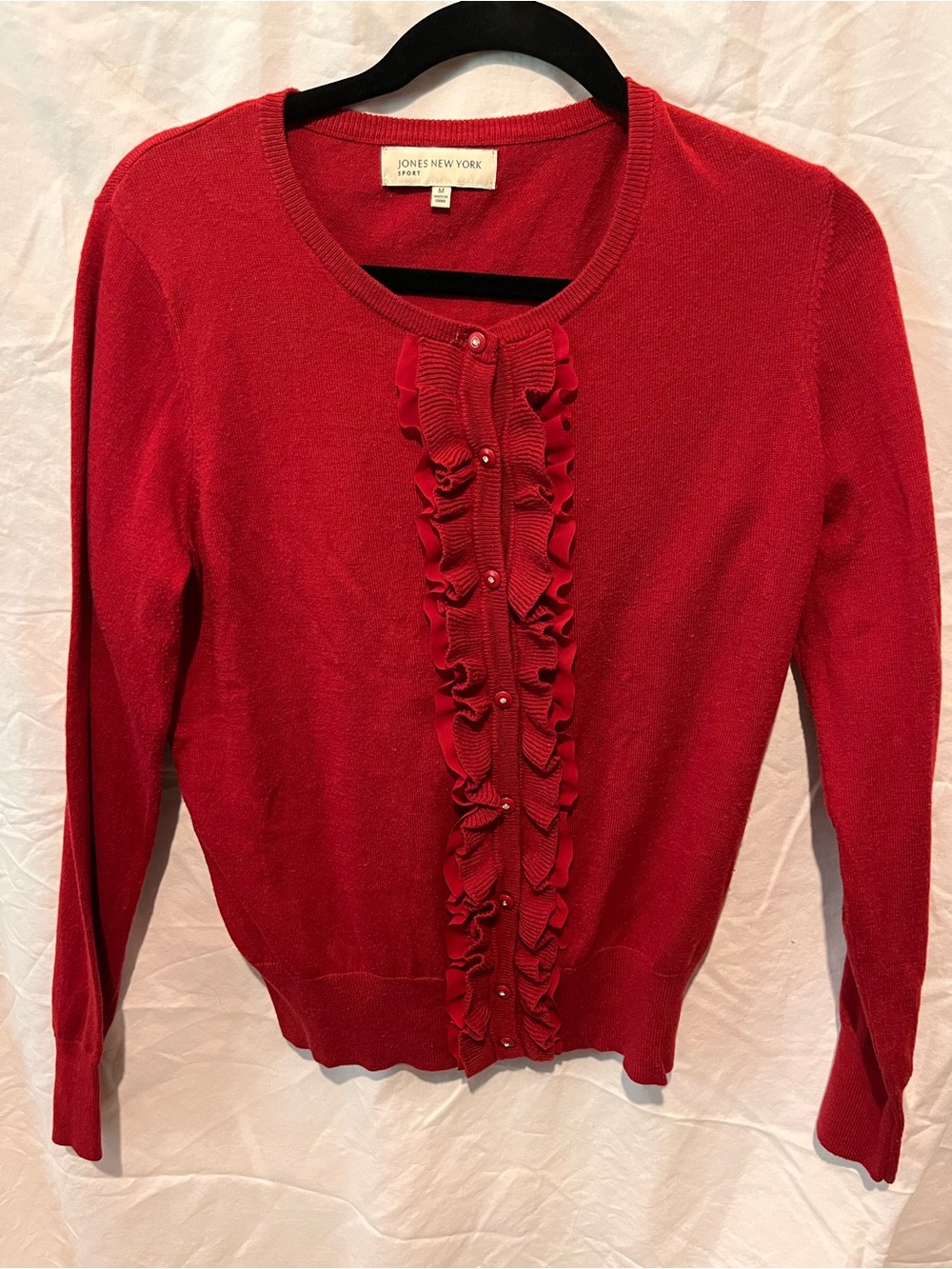Jones New York Red Ruffle-Trim Pearl Button Cardigan